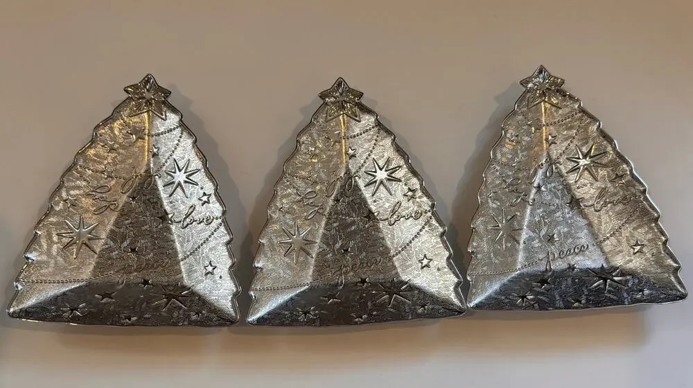 Lot of 3 Vtg Hallmark Silver Christmas Tree Serving Plates Decor 8.5x6.5
